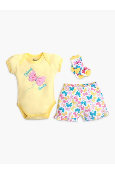 3-Piece Butterfly Print Bodysuit, Shorts and Socks Set