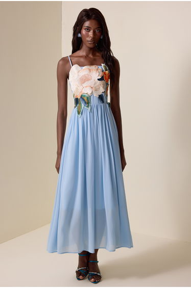 Embroidered Chiffon Dress in Blue