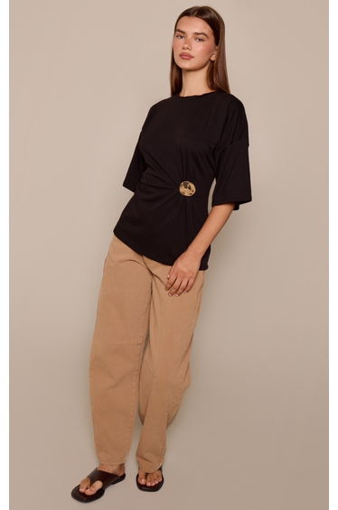 Black Cotton Trim Waist Detail Oversized T-Shirt