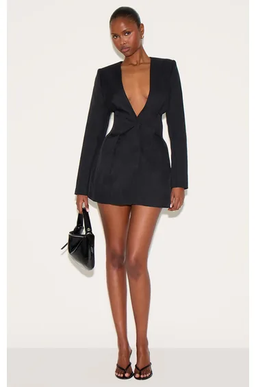 Black Woven Pleated Shift Blazer Dress