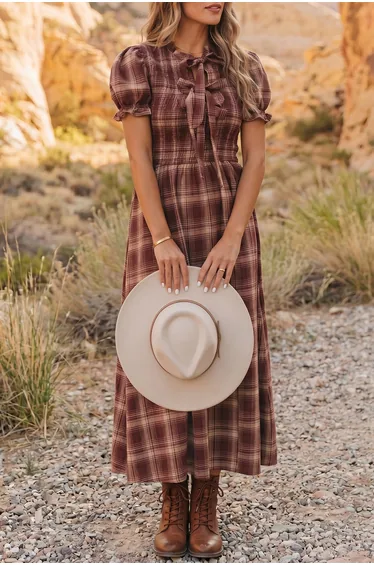 Lvness Red Vintage Plaid Knot Front Smocked High Waist Midi Dress