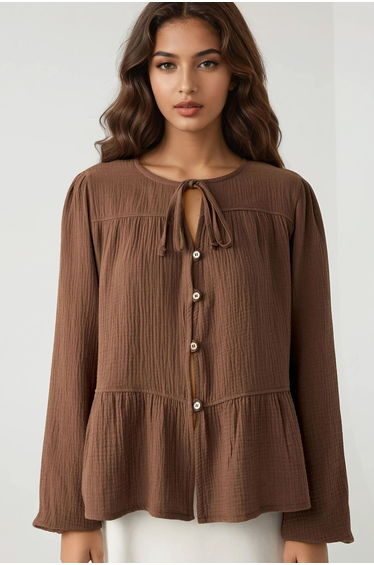 Crew Neck Long Sleeve Woven Muslin Blouse