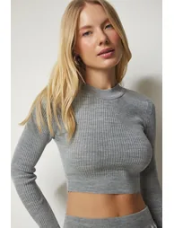 Women's Gray Ribbed Knitwear Crop Skirt Suit - 4