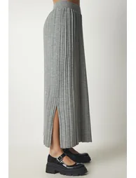Women's Gray Ribbed Knitwear Crop Skirt Suit - 6