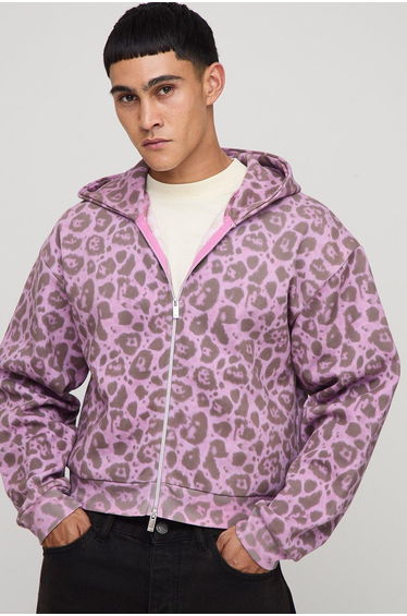 Shrunken Fit Leopard Print Zip Through Hoodie - pink