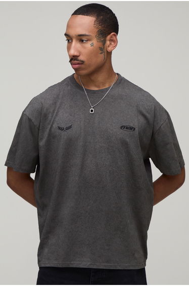 Charcoal Oversized Built On Tradition Print Spray Wash T-Shirt - charcoal
