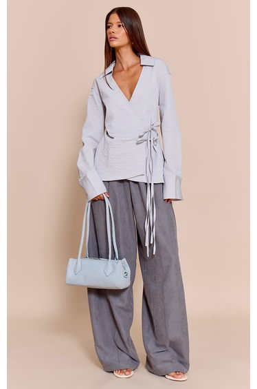 Light Blue Textured Wrap Tie Shirt