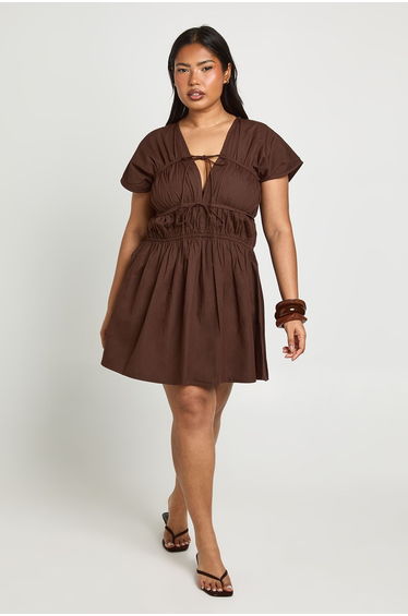 Plus Cotton Poplin Shirred Mini Dress - chocolate