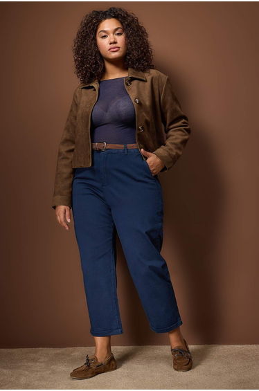 Navy blue high waist belted mom fit denim plus size jeans