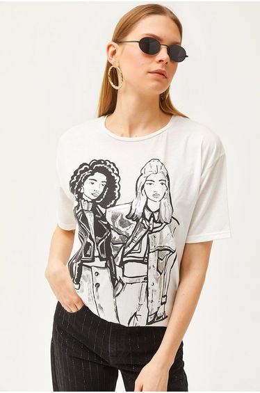 Women's Ecru Foil Detail Flowy T-Shirt