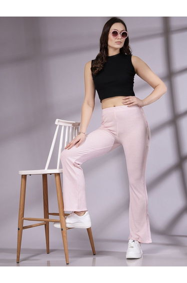 Women Pink Fit And Flared Ribbed Pants