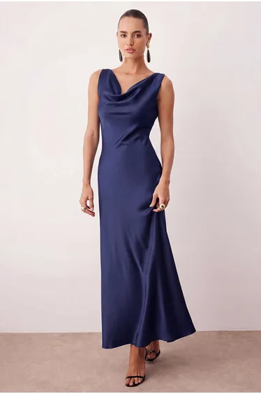 Navy blue a-line degaje neck satin maxi chic dress