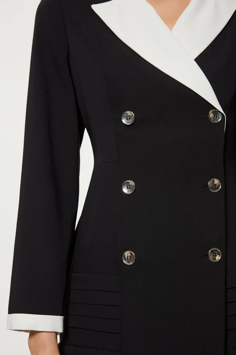 Long Sleeve Contrast Collar Pleated Button Detailed Woven Midi Dress - 2