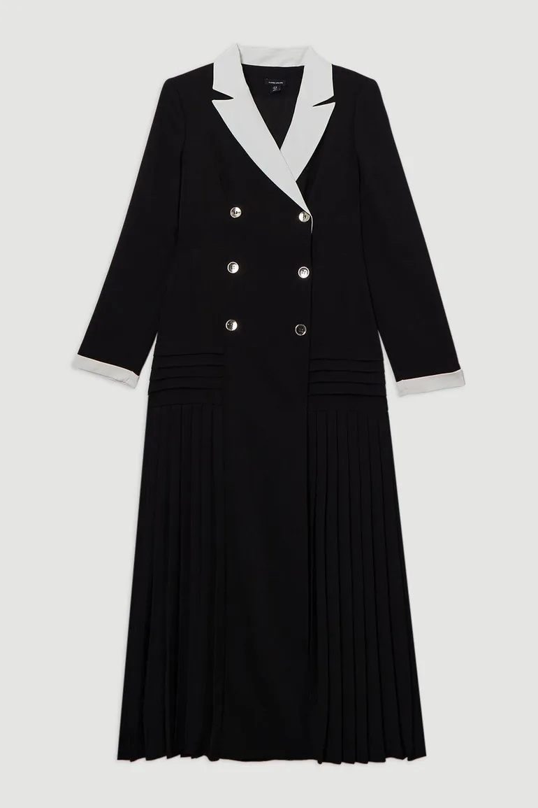 Long Sleeve Contrast Collar Pleated Button Detailed Woven Midi Dress - 3