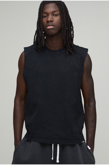 Boxy Seam Detail Washed Premium Interlock Tank - black