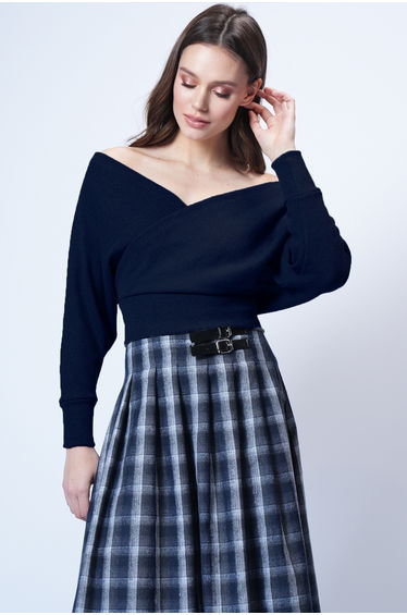 Women's Navy Blue Front Back V-Neck Double-Breasted Blouse