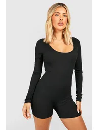 Basic Long Sleeve Contour Rib Unitard - black