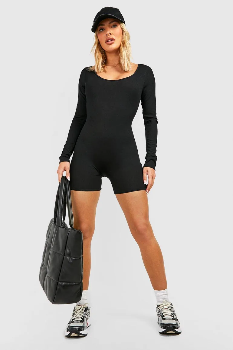 Basic Long Sleeve Contour Rib Unitard - black - 2