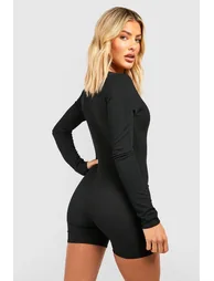 Basic Long Sleeve Contour Rib Unitard - black - 1