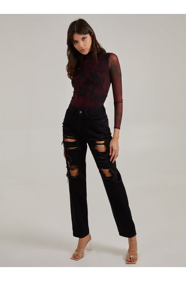 Smudge Print Long Sleeve Mesh Bodysuit