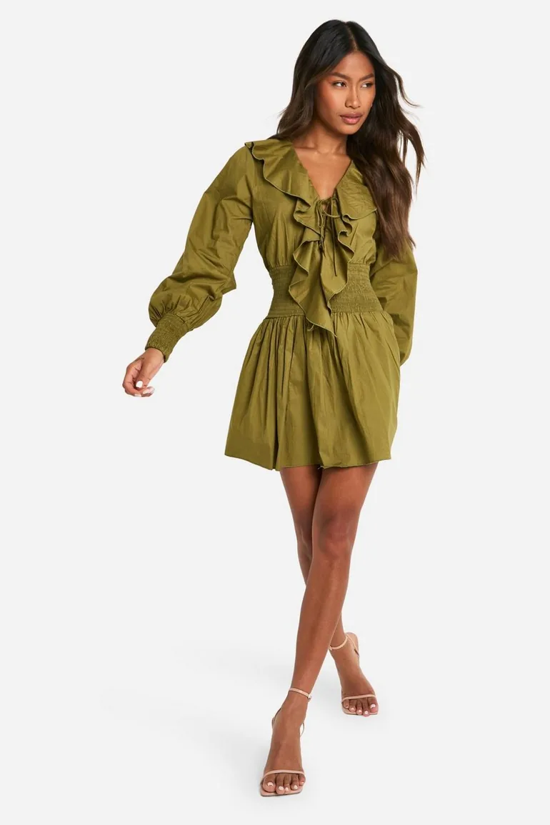 Shop Cotton Poplin Frill Detail Skater Dress - khaki Online in Oman Shop Cotton Poplin Frill Detail Skater Dress - khaki Online in Oman