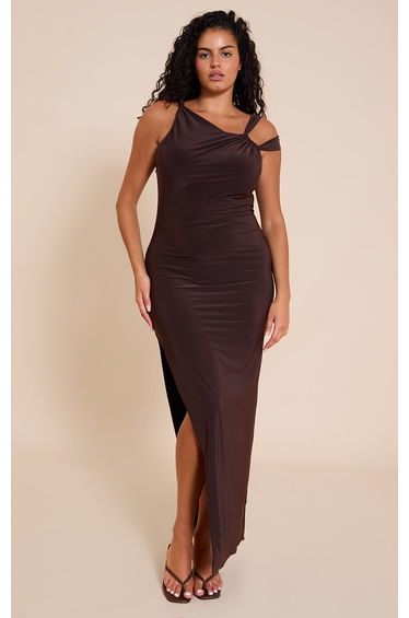 Plus Chocolate Double Layer Slinky Ruched Shoulder Maxi Dress