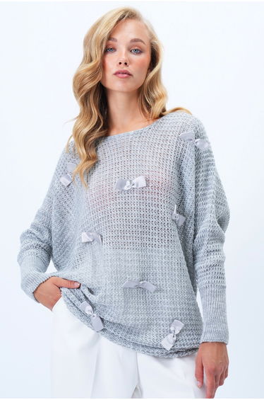 Women's Gray Crew Neck Bow Detailed Knitwear Blouse