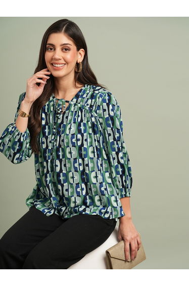 Green All Over Print Tie-Up Detail Top