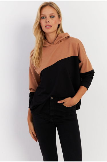 Women's Camel-Black Color Block Hoodie