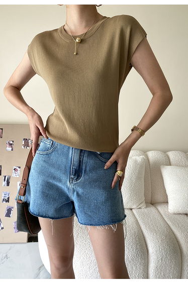 Crew Neck Short Sleeve Knit Top in Brown