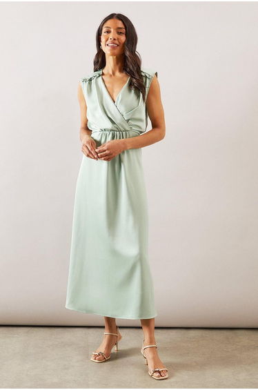 Satin Wrap Gauged Dress