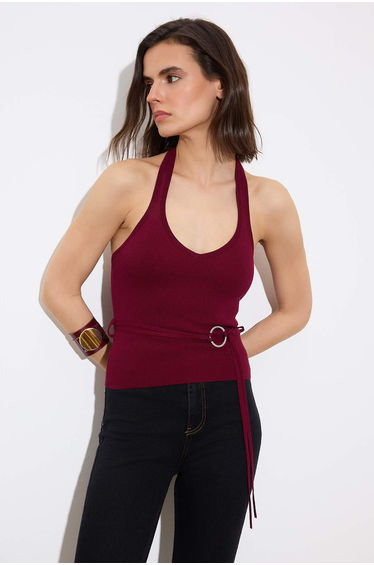 Plum Halter Neck Bodycon Crop Tie-Up Detail Knitwear Slim Blouse