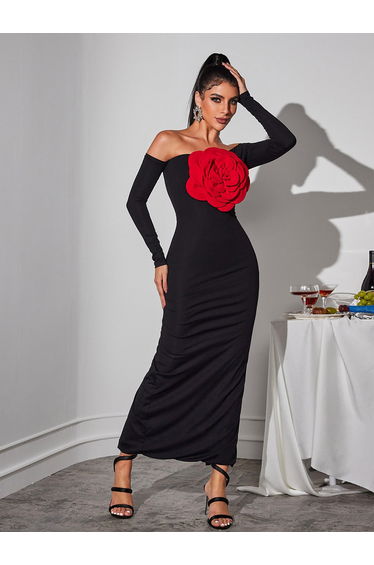 Claus Off Shoulder Red Flower Maxi Dress