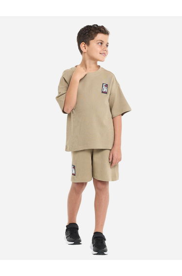 Boys Khaki Textured Oversized T-Shirt and Shorts Set