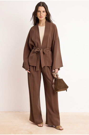 Brown Oversize Linen Aerobin Plain Woven Hijab Bottom - Top Set