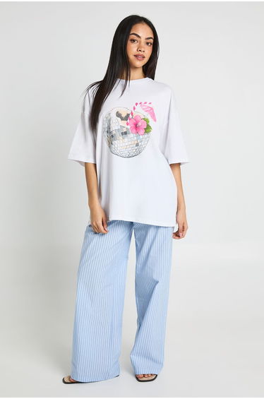 Discoball Cocktail Printed Oversized T-Shirt - white