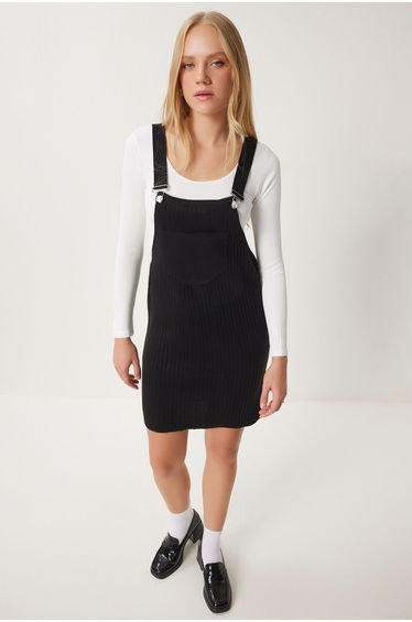 Women's Black Wide Pocket Ribbed Knitted Overalls