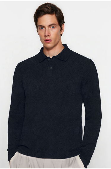 Navy Blue Regular Polo Neck Textured Knitwear Sweater