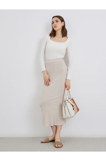 Beige Ribbed Knit Midi Skirt