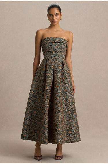 Loretta | Dark Green And Rust Embroidered Bandeau-Neck Midi Dress