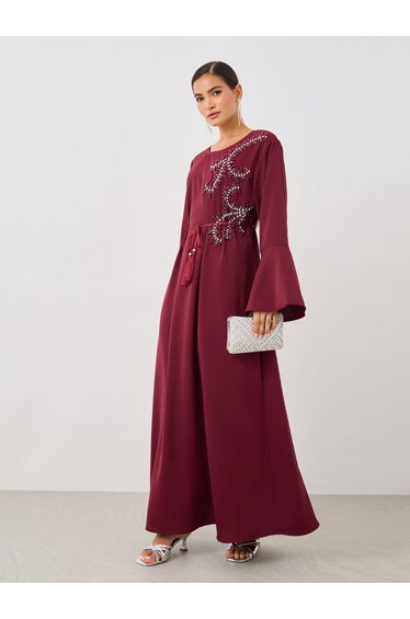 Embellished V-Neck A-Line Belted Jalabiya