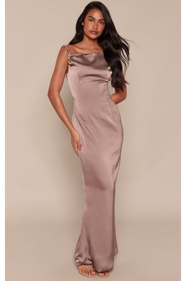 Taupe Satin Asymmetric Bardot Twist Maxi Dress