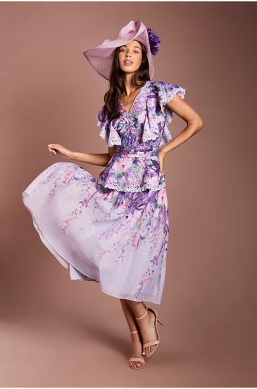 Lisa Tan V Neck Ruffle Shoulder Midi Dress