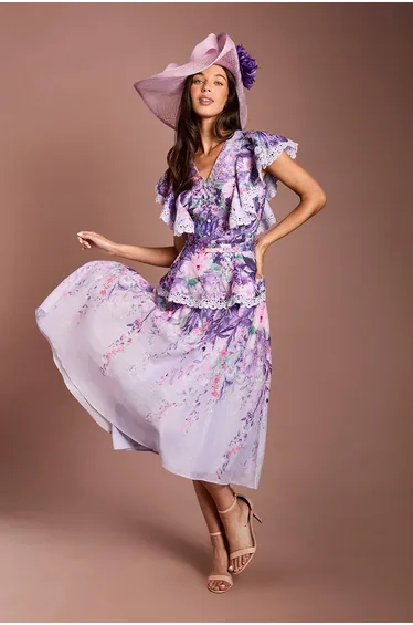 Lisa Tan V Neck Ruffle Shoulder Midi Dress