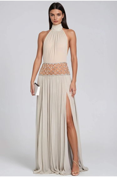 Hani Halterneck Ruched Crystal Split Maxi Dress