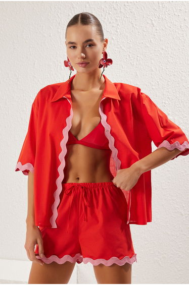 Red Pink Stripe Accessory Kimono Shorts Set