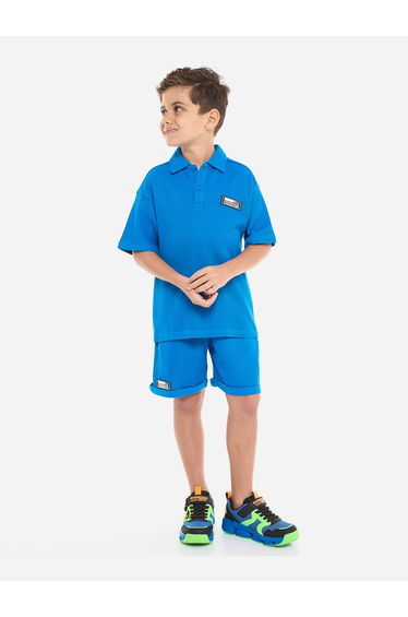 Boys Blue Textured Polo T-Shirt and Shorts Set