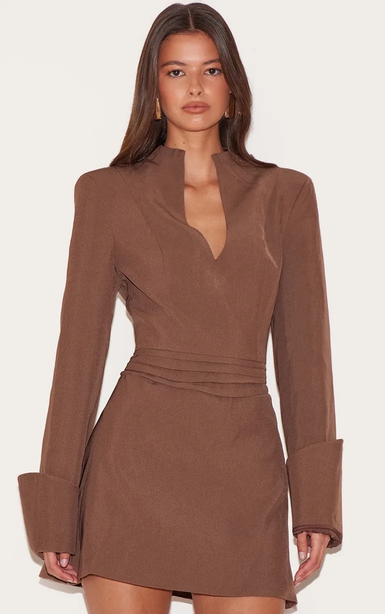 Chestnut Woven V Neck Mini Dress Prettylittlething Brown : Party Dresses :  VogaCloset Oman