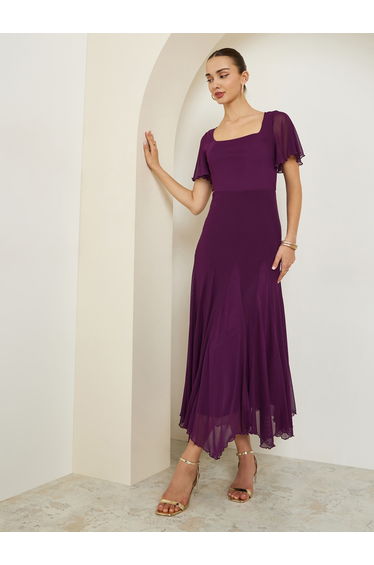 Purple Square Neck A-Line Maxi Dress