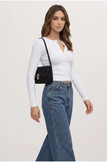 Faux Suede Gold Hardware Detail Shoulder Bag